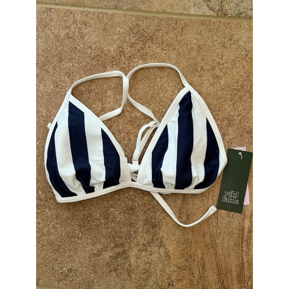 Wild Fable Women's Two Stipe Navy/White Triangle Bikini Top - Size L NWT